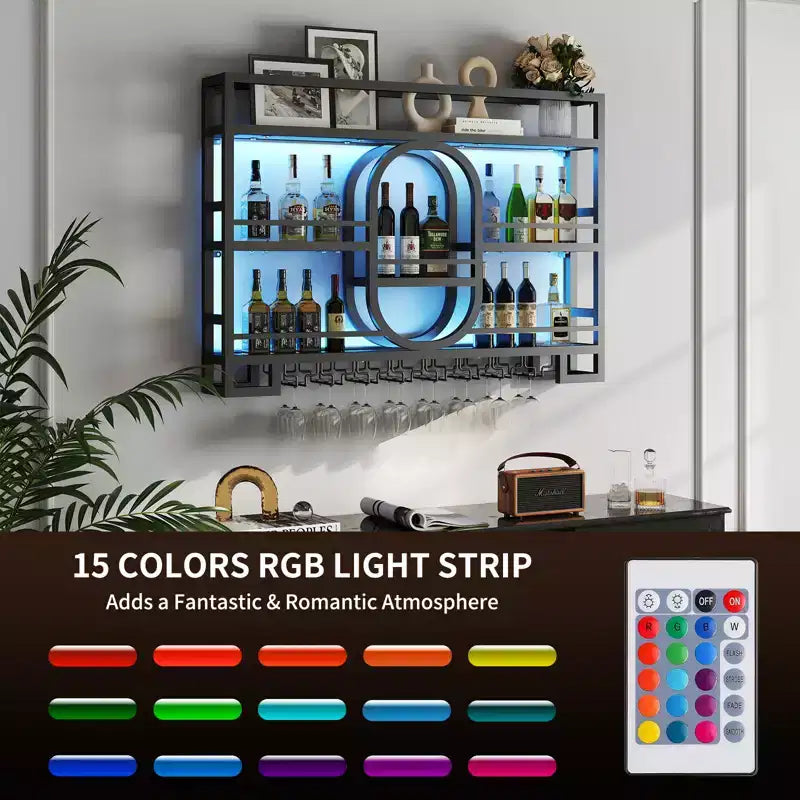 39/47 Wall Mounted Wine Rack, Metal Floating Bar Shelves with Wine Glass Holder, Industrial Liquor Shelf for Home Bar Kitchen Dining