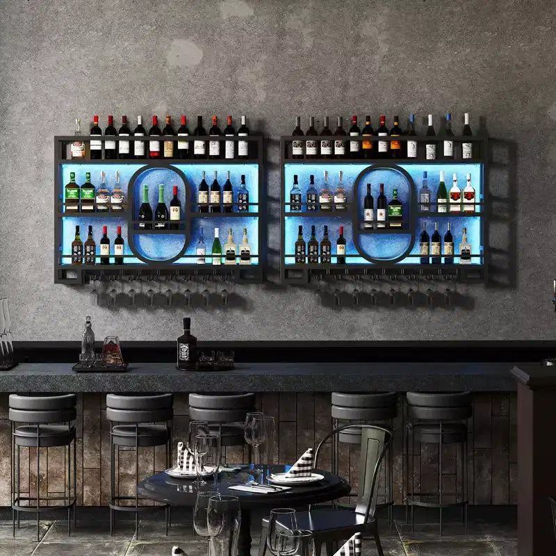 39/47 Wall Mounted Wine Rack, Metal Floating Bar Shelves with Wine Glass Holder, Industrial Liquor Shelf for Home Bar Kitchen Dining
