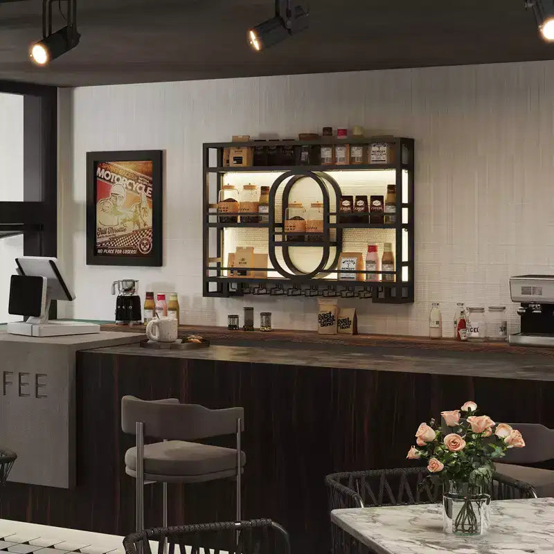 39/47 Wall Mounted Wine Rack, Metal Floating Bar Shelves with Wine Glass Holder, Industrial Liquor Shelf for Home Bar Kitchen Dining