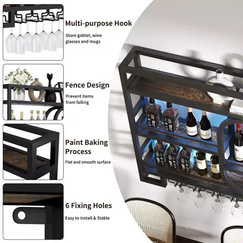 39/47 Wall Mounted Wine Rack, Metal Floating Bar Shelves with Wine Glass Holder, Industrial Liquor Shelf for Home Bar Kitchen Dining