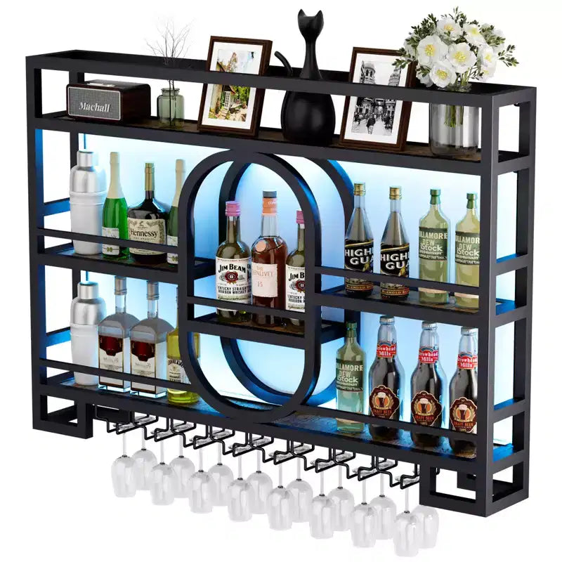 39/47 Wall Mounted Wine Rack, Metal Floating Bar Shelves with Wine Glass Holder, Industrial Liquor Shelf for Home Bar Kitchen Dining
