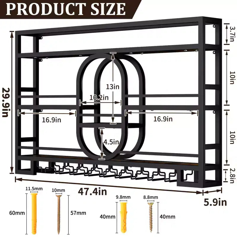 39/47 Wall Mounted Wine Rack, Metal Floating Bar Shelves with Wine Glass Holder, Industrial Liquor Shelf for Home Bar Kitchen Dining