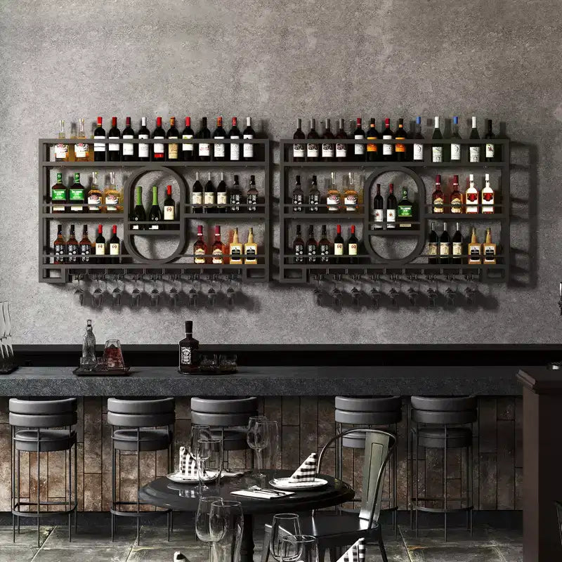 39/47 Wall Mounted Wine Rack, Metal Floating Bar Shelves with Wine Glass Holder, Industrial Liquor Shelf for Home Bar Kitchen Dining