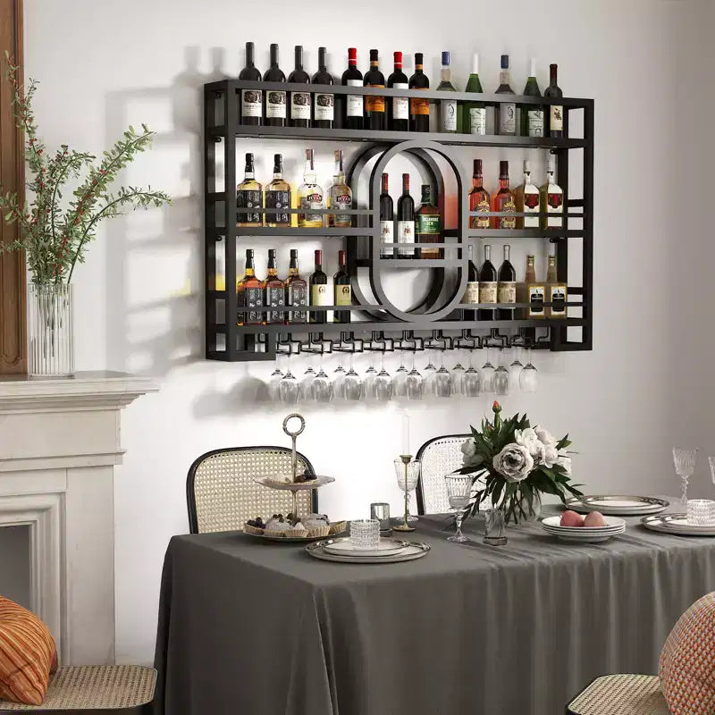 39/47 Wall Mounted Wine Rack, Metal Floating Bar Shelves with Wine Glass Holder, Industrial Liquor Shelf for Home Bar Kitchen Dining