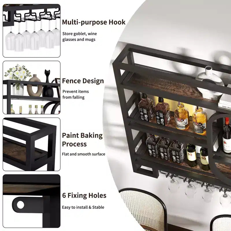 39/47 Wall Mounted Wine Rack, Metal Floating Bar Shelves with Wine Glass Holder, Industrial Liquor Shelf for Home Bar Kitchen Dining