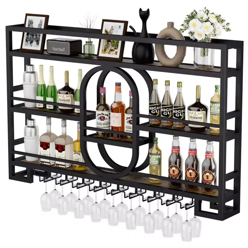 39/47 Wall Mounted Wine Rack, Metal Floating Bar Shelves with Wine Glass Holder, Industrial Liquor Shelf for Home Bar Kitchen Dining