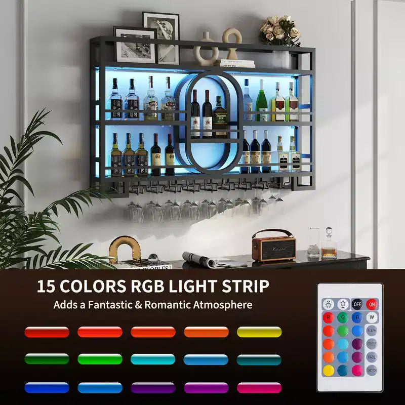 39/47 Wall Mounted Wine Rack, Metal Floating Bar Shelves with Wine Glass Holder, Industrial Liquor Shelf for Home Bar Kitchen Dining