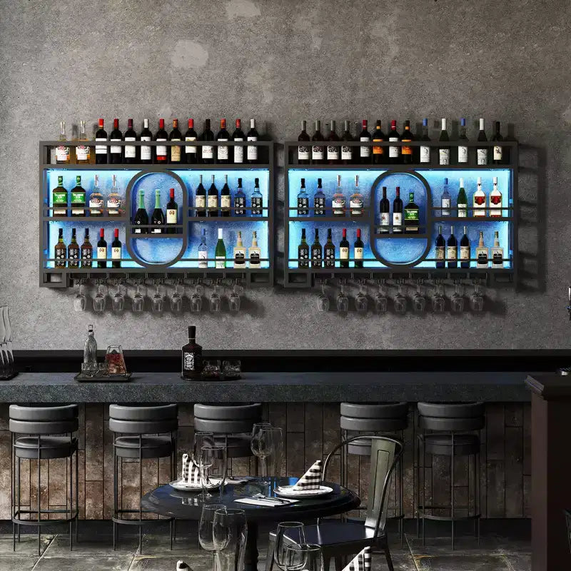 39/47 Wall Mounted Wine Rack, Metal Floating Bar Shelves with Wine Glass Holder, Industrial Liquor Shelf for Home Bar Kitchen Dining