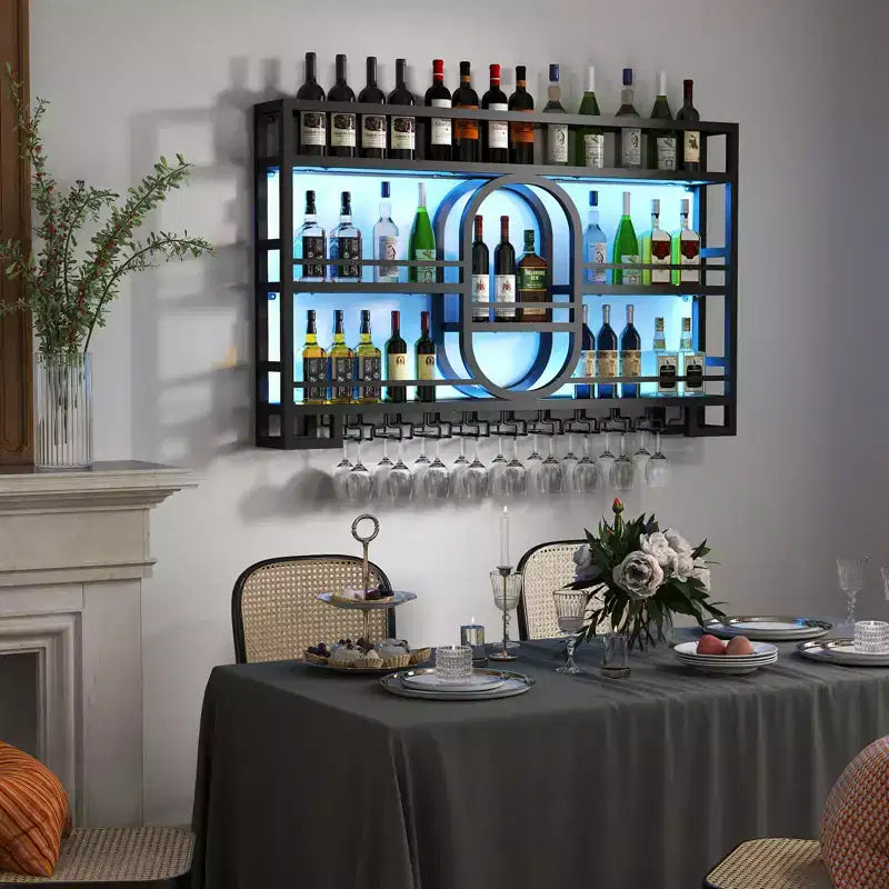 39/47 Wall Mounted Wine Rack, Metal Floating Bar Shelves with Wine Glass Holder, Industrial Liquor Shelf for Home Bar Kitchen Dining
