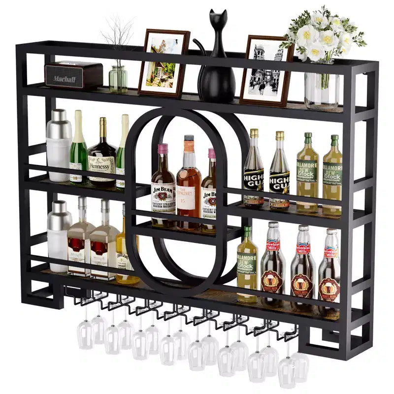 39/47 Wall Mounted Wine Rack, Metal Floating Bar Shelves with Wine Glass Holder, Industrial Liquor Shelf for Home Bar Kitchen Dining