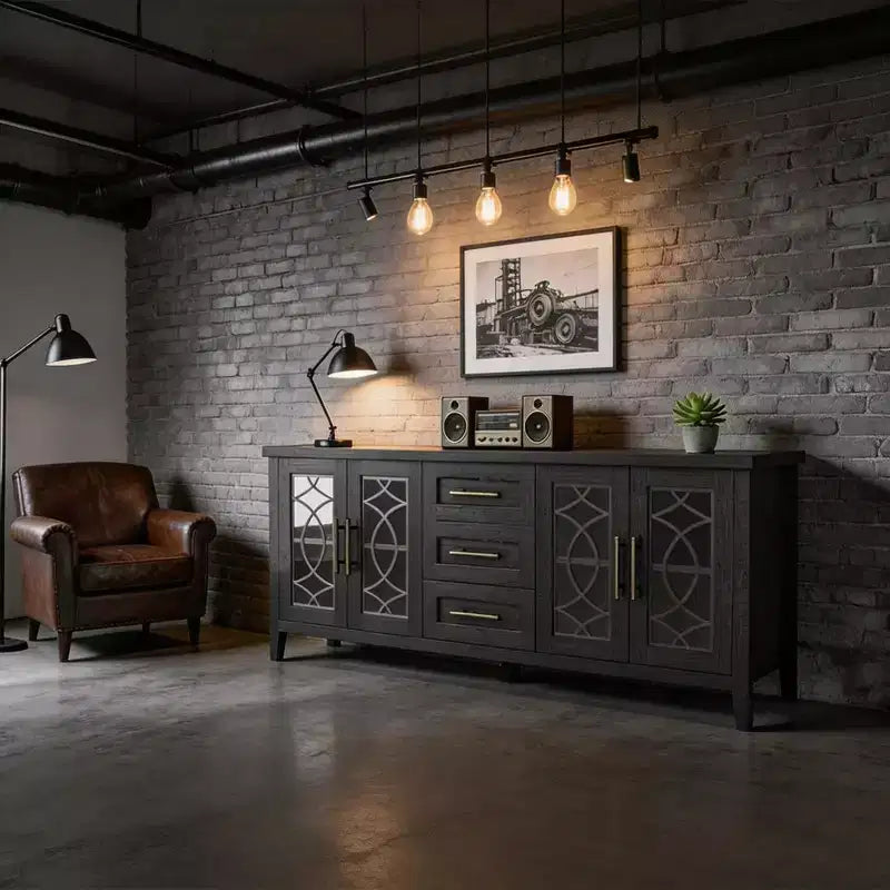 Komoda RTV w stylu rustykalnym, 65, do telewizorów o przekątnej do 70 - nowoczesna szafka multimedialna w stylu mid-century z 2 szklanymi drzwiczkami i 3 szufladami - drewniana konsola RTV