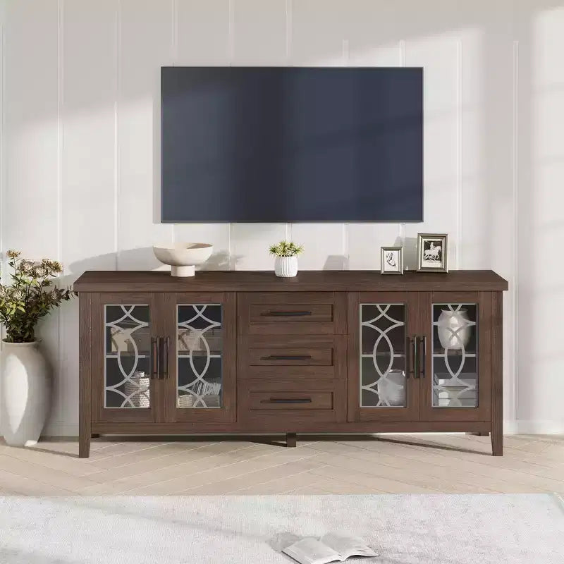 65 Farmhouse TV Stand for TVs up to 70 - Mid-Century Modern Entertainment Center with 2 Glass Doors & 3 Drawers - Wood Media Console