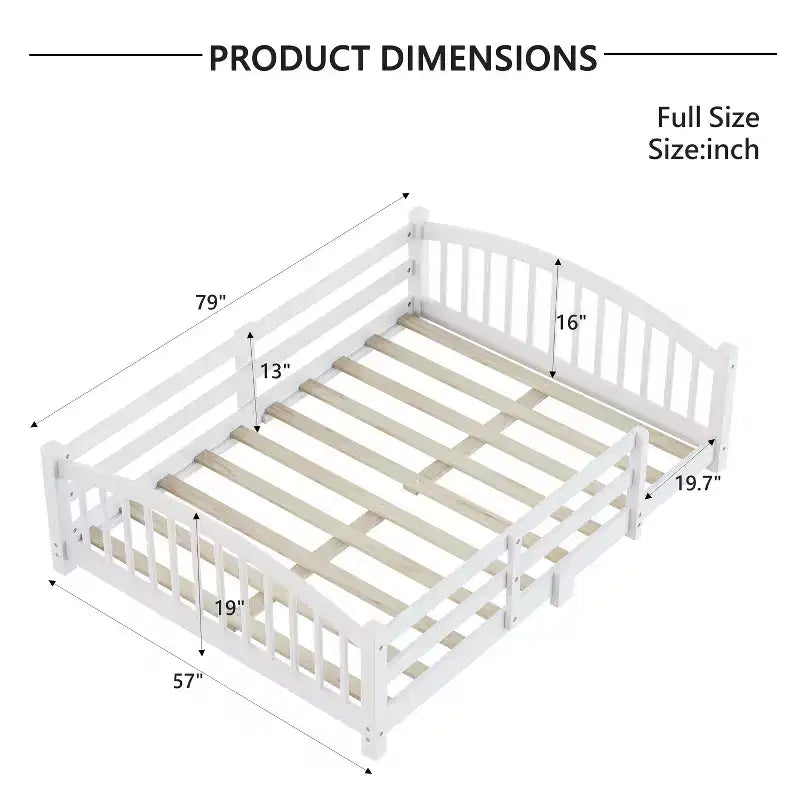 Full Size Low Profile Bed with Safety Rails and Headboard