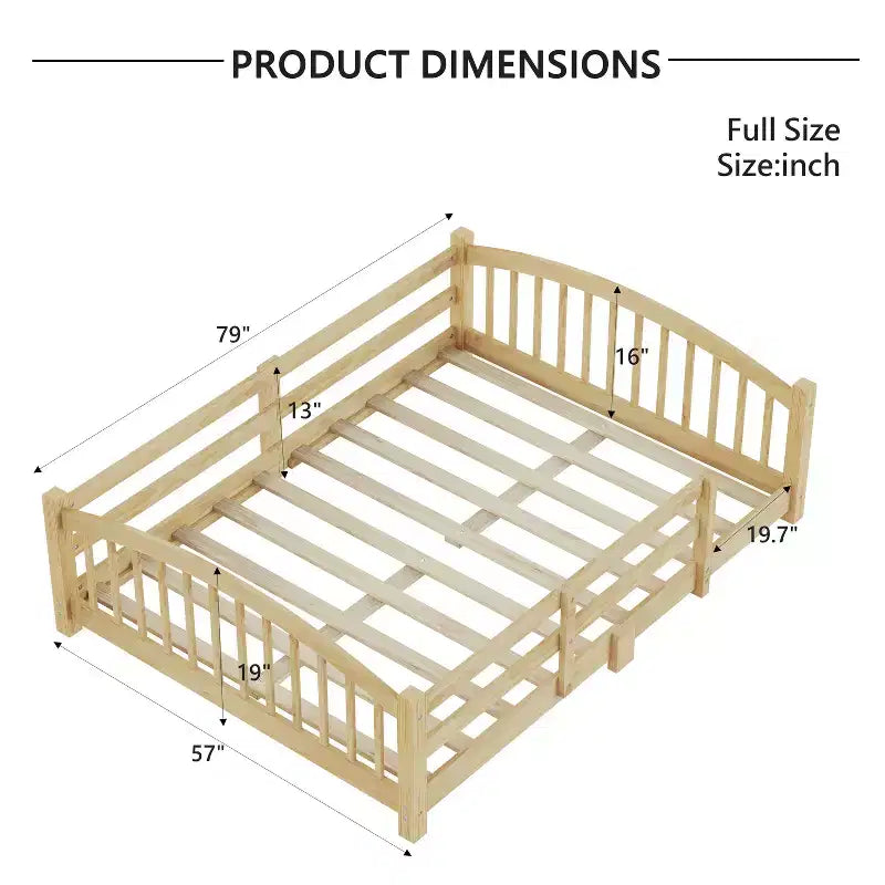 Full Size Low Profile Bed with Safety Rails and Headboard