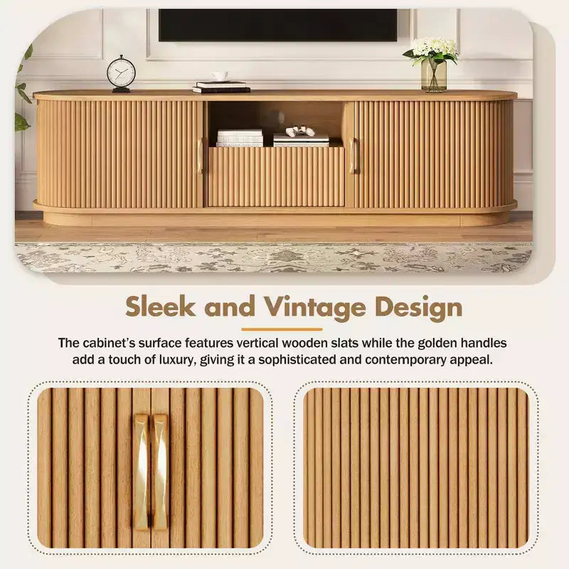Rustykalna szafka RTV w stylu vintage z przesuwnymi drzwiami z drewnianych listewek, ryflowana konsola multimedialna w stylu rustykalnym o szerokości 75 z szufladą (naturalny rysunek drewna)
