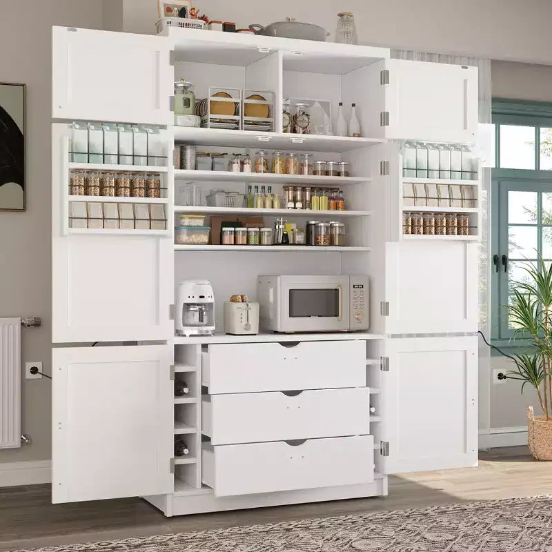 Wysoka szafka kuchenna ze schowkiem i gniazdkami elektrycznymi, duża wolnostojąca szafka z miejscem na kuchenkę mikrofalową, szufladami, półkami, stojakami na wino i półką na drzwiach