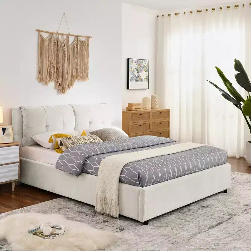 Rama łóżka platformowego z pojemnikiem, w rozmiarze Queen/King, tapicerowana szenilem, z miękkim zagłówkiem
