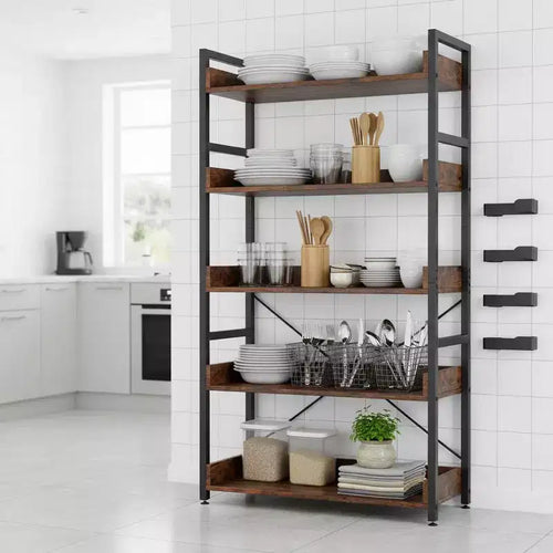 1/2PC 5-Tier Storage Rack w/ Hooks Open Shelves Rustic Wood Grain Design Adjustable Feet Brown+Black