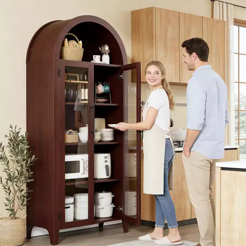 Mobile contenitore alto ad arco con ante in vetro, libreria espositiva a 5 ripiani con ripiani regolabili per cucina o soggiorno