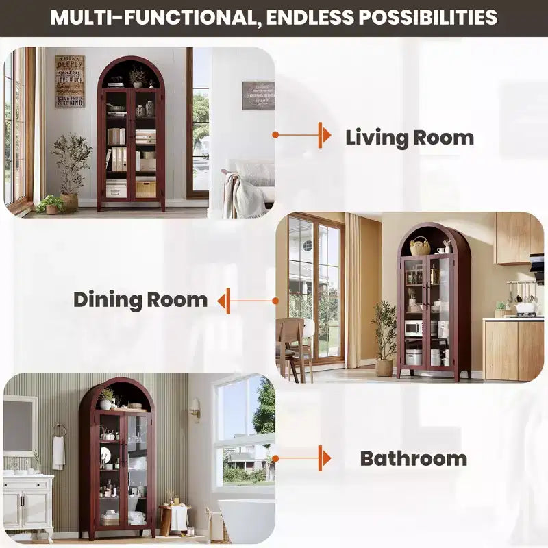 Mobile contenitore alto ad arco con ante in vetro, libreria espositiva a 5 ripiani con ripiani regolabili per cucina o soggiorno