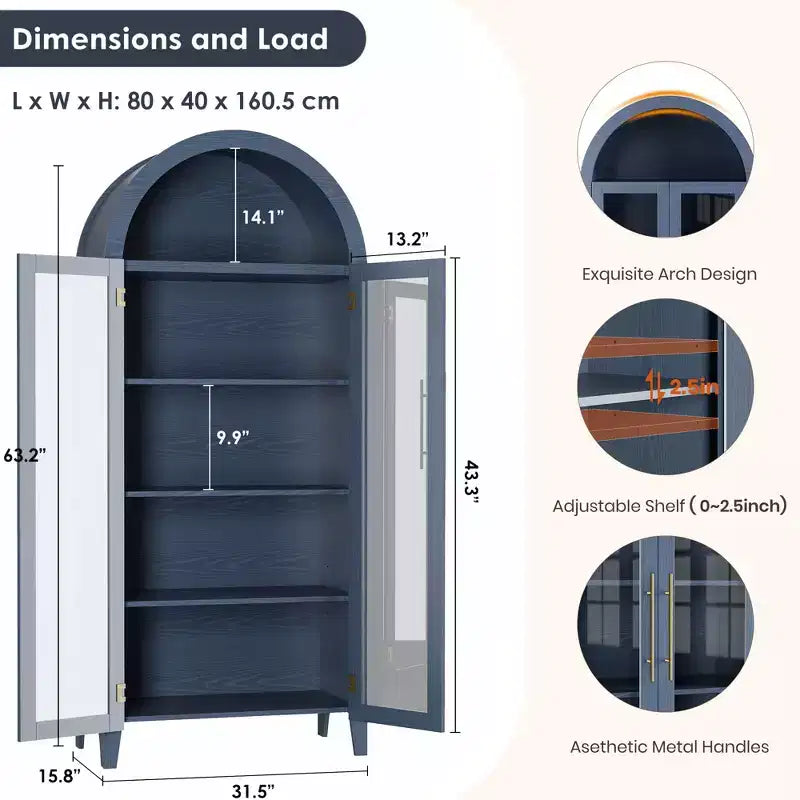 Mobile contenitore alto ad arco con ante in vetro, libreria espositiva a 5 ripiani con ripiani regolabili per cucina o soggiorno