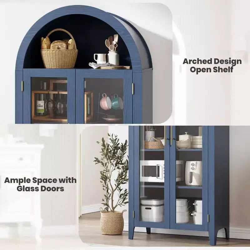 Mobile contenitore alto ad arco con ante in vetro, libreria espositiva a 5 ripiani con ripiani regolabili per cucina o soggiorno