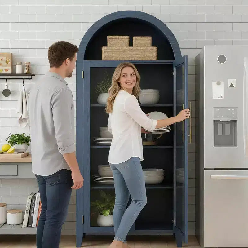 Mobile contenitore alto ad arco con ante in vetro, libreria espositiva a 5 ripiani con ripiani regolabili per cucina o soggiorno