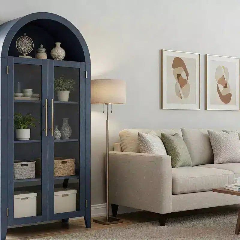 Mobile contenitore alto ad arco con ante in vetro, libreria espositiva a 5 ripiani con ripiani regolabili per cucina o soggiorno