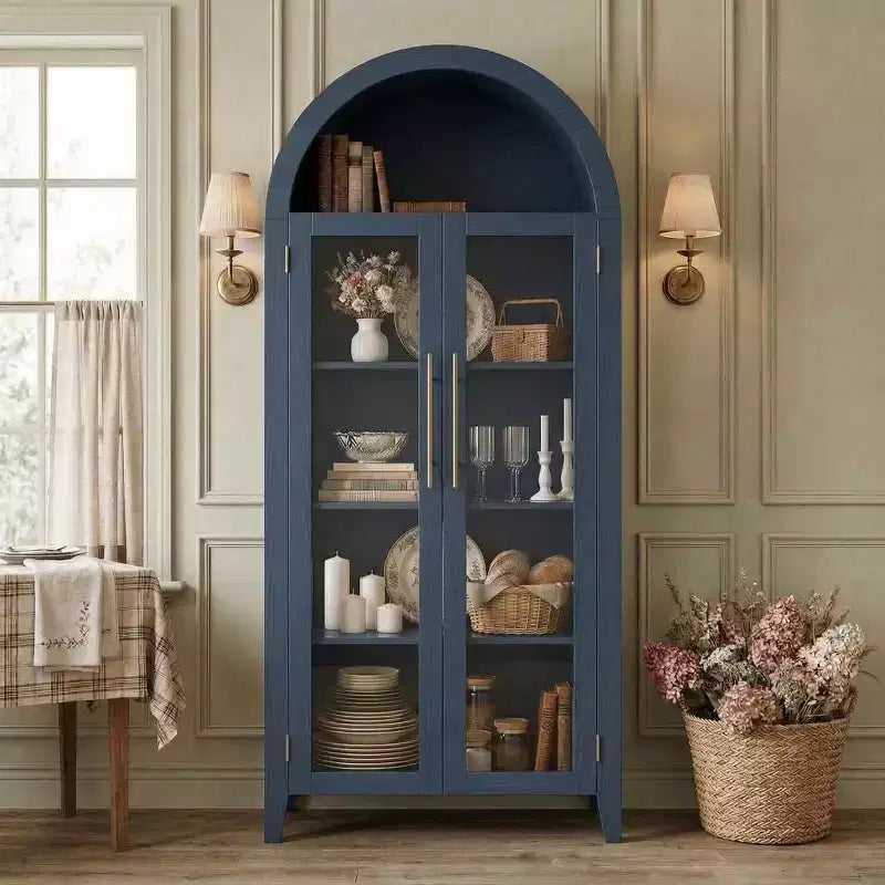 Mobile contenitore alto ad arco con ante in vetro, libreria espositiva a 5 ripiani con ripiani regolabili per cucina o soggiorno
