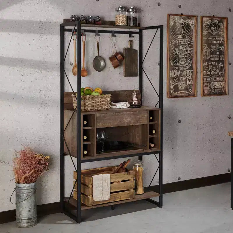 Rustykalny regał piekarniczy z dębu z odzysku w stylu industrialnym, 3 stałe półki, metalowa rama, wysokość 67"