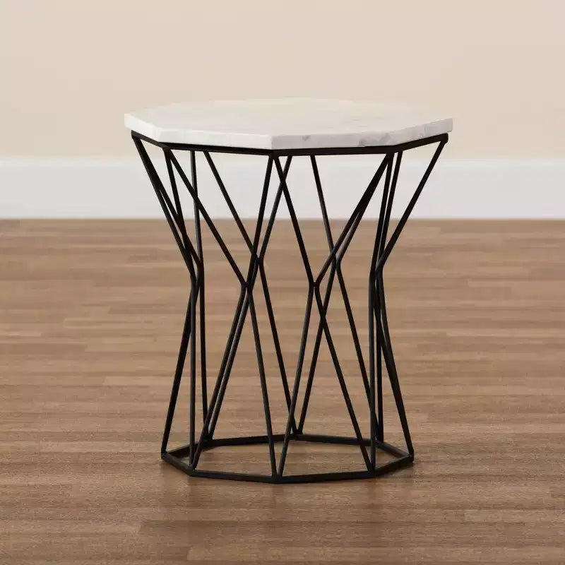 Metal End Table with Marble Tabletop Black Rectangle Side Table for Living Room, No Assembly Required