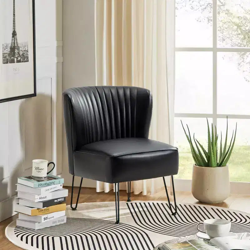 Contemporary Tufted Back Vegan Leather Accent Side Chair with Metal Legs