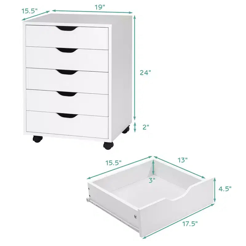 5 Drawer Chest Storage Dresser Floor Cabinet Organizer with Wheels White