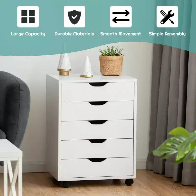 5 Drawer Chest Storage Dresser Floor Cabinet Organizer with Wheels White