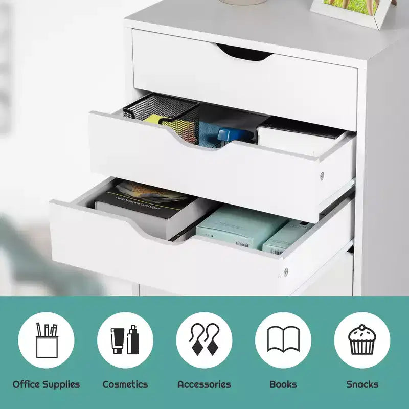 Cassettiera a pavimento con 5 cassetti, mobile contenitore e organizer con ruote, bianco
