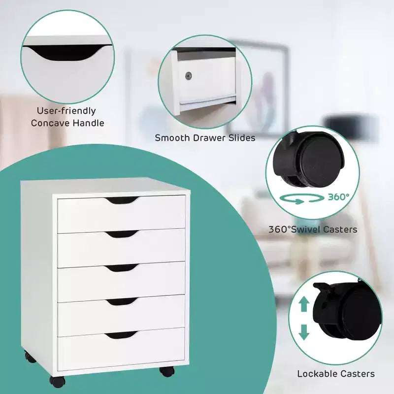 Cassettiera a pavimento con 5 cassetti, mobile contenitore e organizer con ruote, bianco
