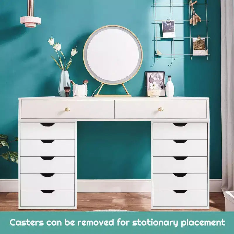 Cassettiera a pavimento con 5 cassetti, mobile contenitore e organizer con ruote, bianco