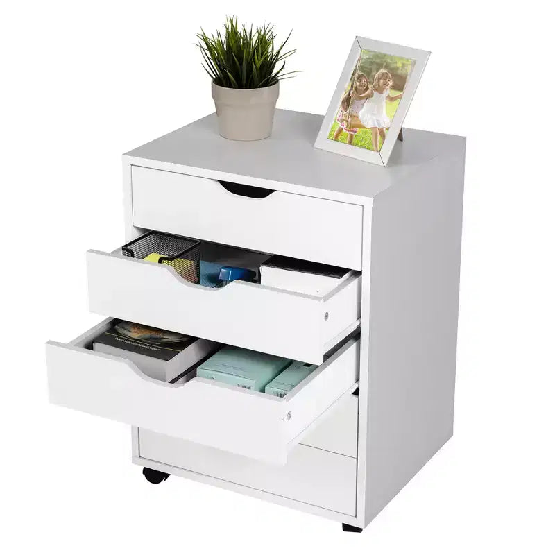 Cassettiera a pavimento con 5 cassetti, mobile contenitore e organizer con ruote, bianco