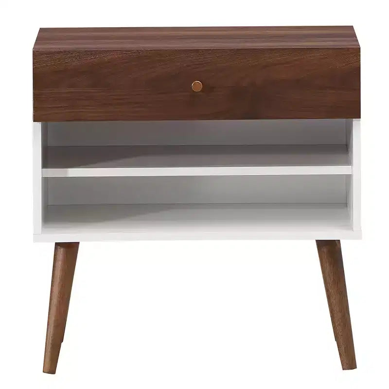 Zestaw 2 stolików nocnych bocznych z szufladami i półkami, nogi z drewna kauczukowego w stylu mid-century