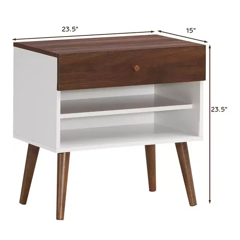 Zestaw 2 stolików nocnych bocznych z szufladami i półkami, nogi z drewna kauczukowego w stylu mid-century