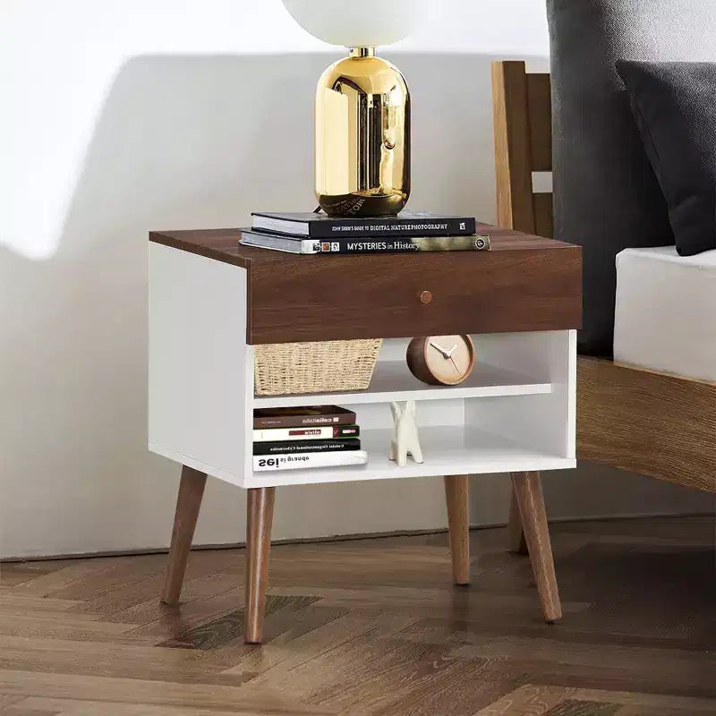 Zestaw 2 stolików nocnych bocznych z szufladami i półkami, nogi z drewna kauczukowego w stylu mid-century