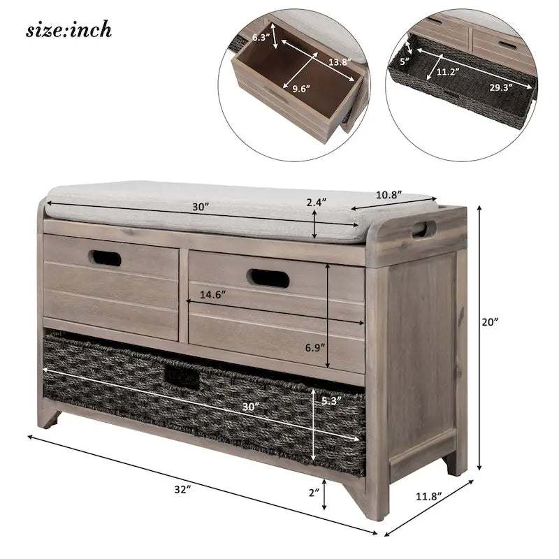 Storage Bench with Removable Basket and 2 Drawers