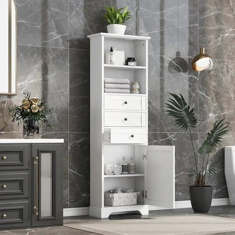 Tall Storage Cabinet with 3 Drawers and Shelves