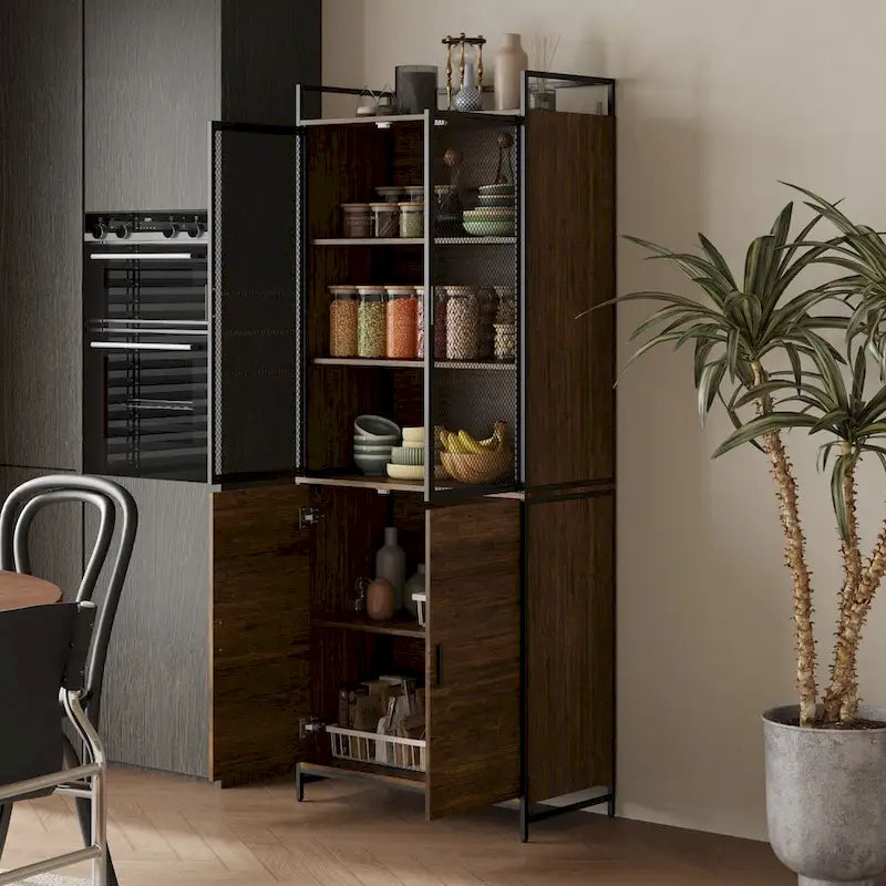 Brown Walnut Color Retro Kitchen Storage Cabinet Collection with Iron Frame
