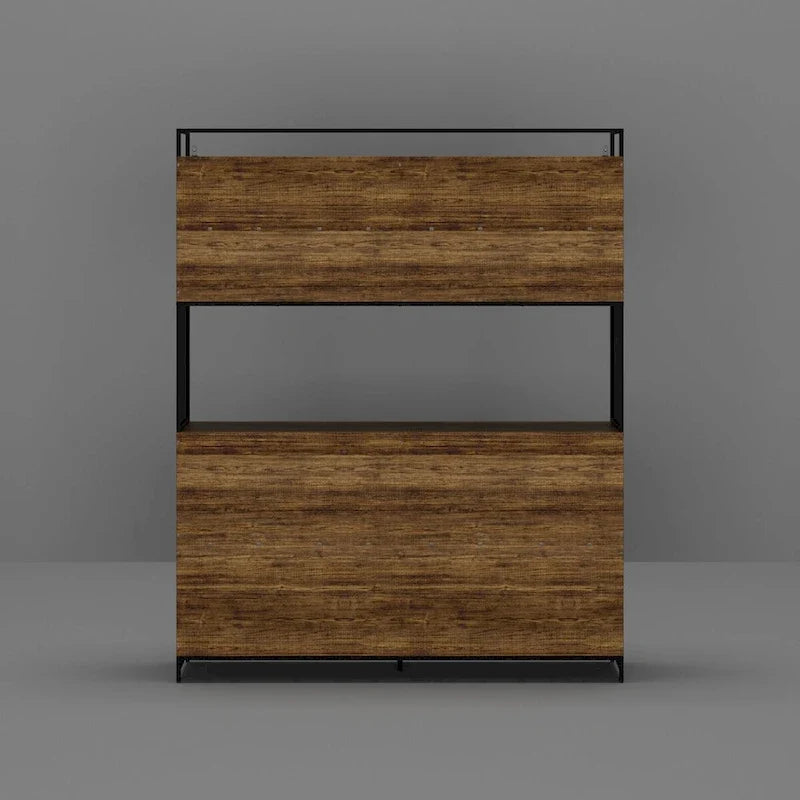 Brown Walnut Color Retro Kitchen Storage Cabinet Collection with Iron Frame