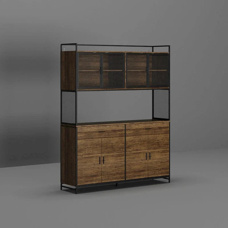 Brown Walnut Color Retro Kitchen Storage Cabinet Collection with Iron Frame
