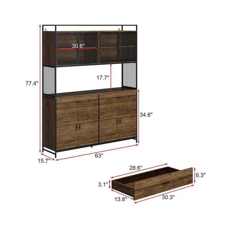 Brown Walnut Color Retro Kitchen Storage Cabinet Collection with Iron Frame
