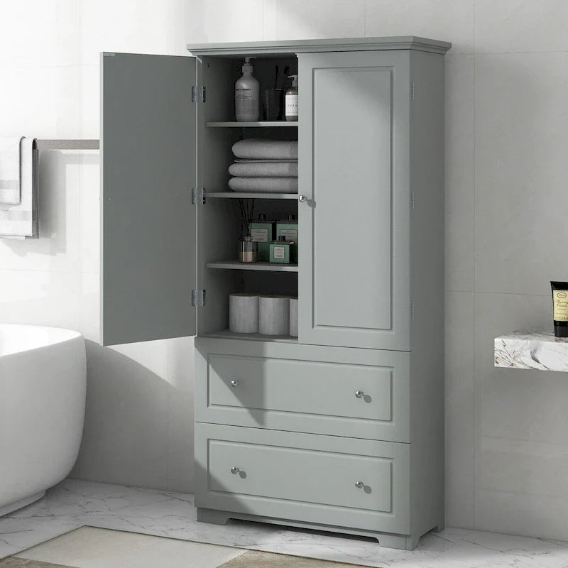 Tall Bathroom Storage Cabinet, Freestanding Storage Cabinet with Two Drawers and Adjustable Shelf