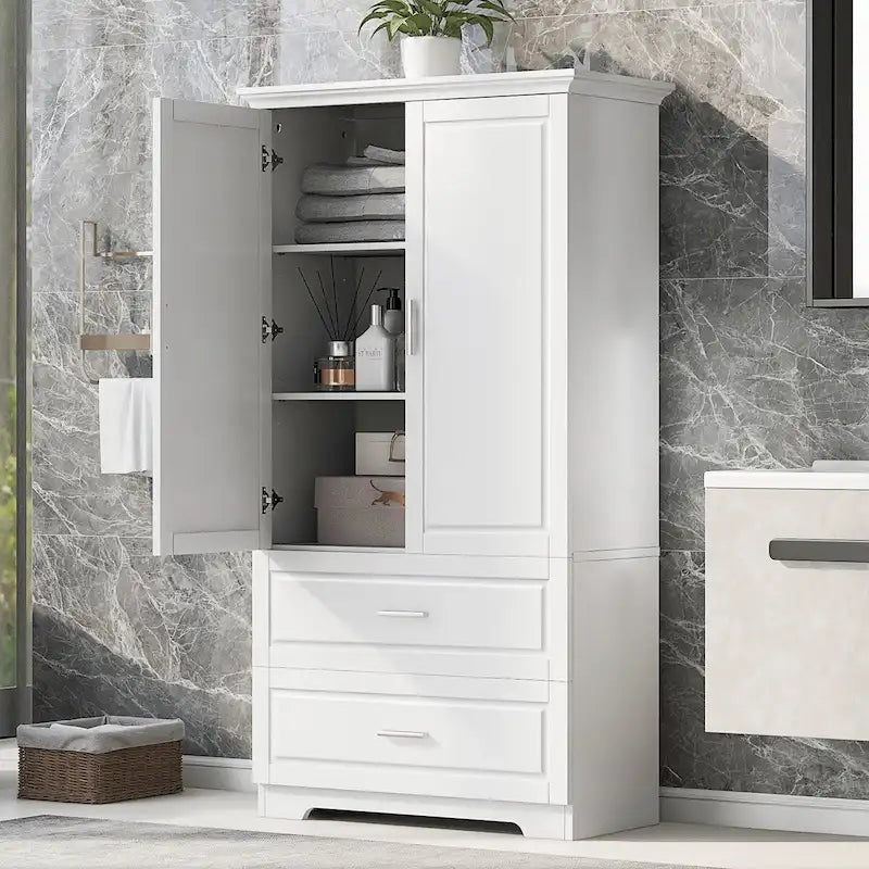 Tall Bathroom Storage Cabinet, Freestanding Storage Cabinet with Two Drawers and Adjustable Shelf