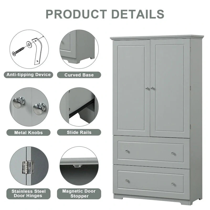 Tall Bathroom Storage Cabinet, Freestanding Storage Cabinet with Two Drawers and Adjustable Shelf